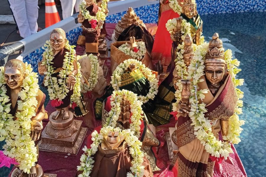 Deities recieve glower garlands after abhishekam